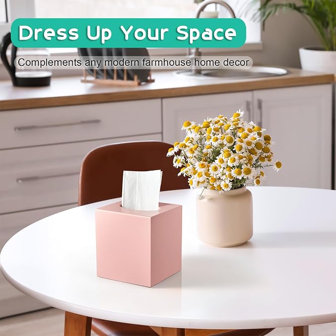 Pink Tissue Box Cover Square - Wood Tissue Box Holder for Tabletop Night Stands Bathroom Office - Decorative Facial Cube Tissue Box Dispenser