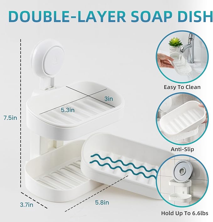 TAILI Soap Holder, Soap Dish for Shower Suction Cup, Bar Soap Holder, White | 2 Layer Removable Soap Holder Shower, Soap Tray for Shower Wall, Drill Free Sponge Holder, Bathroom & Kitchen, No drill