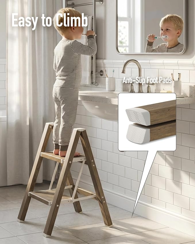 Mayi Plus 2 Step Stool Foldable, Aluminum, Lightweight Step Ladder | Extra-wide anti-slip folding steps with 330 lbs, for home,kitchen,office,outdoor,Cherry woodgrain