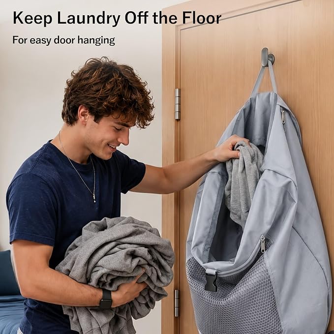 F-color Laundry Backpack for College, 115L Laundry Bag, Light Gray | Wide Shoulder Straps, Mesh Zipper Pocket, Drawstring Closure, Heavy-Duty, Dorm Room Essentials, Laundromat, Camping