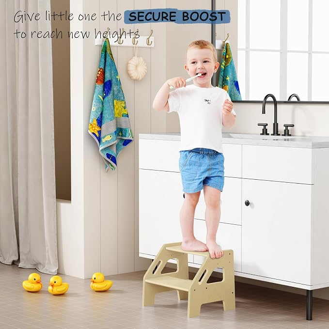Harwaya 2 Step Stool for Toddlers Bathroom Sink, Kids Step Stool for Toilet Potty Training, Baby Child Toddler Stepping Ladder with Handles for Kitchen Counter Bedroom Nursery Bed (Natural Wood)