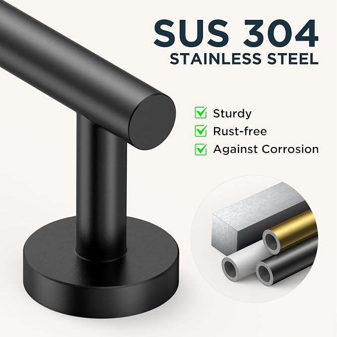 FORIOUS Bathroom Accessories Set, 4-Piece Bathroom Hardware Set | Matte Black | SUS304 Stainless Steel Towel Ring, 2 Towel Hooks, and Toilet Paper Holder Wall Mounted