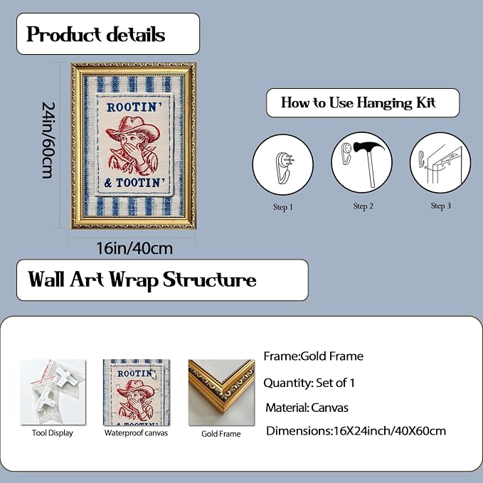 Funny Cowgirl Bathroom Wall Art Cute Western Cowboy Wall Decor Picture Vintage Rustic Rootin And Tootin Striped Restroom Poster Canvas Painting Print 16x24 inch Gold Framed
