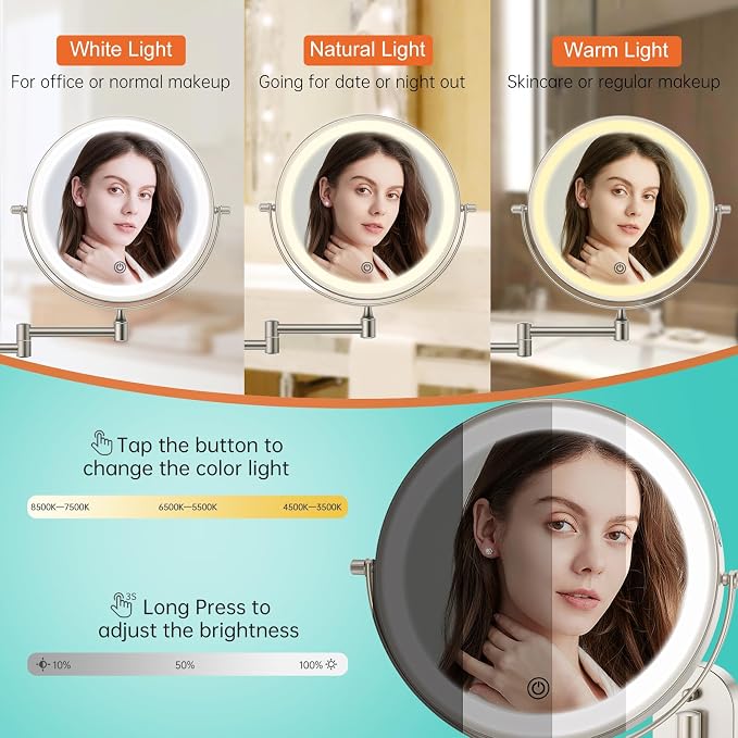 5000mAh Rechargeable Wall Mounted Lighted Makeup Vanity Mirror1X/30X Nickel | Double Sided Magnifying Bathroom Mirror, 3 Color Lighting, Touch Screen Dimming, Extended Arm 360 Rotation Shaving Mirror