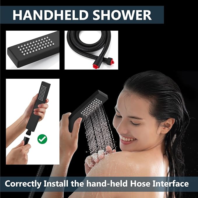 Aolemi Shower Faucet Set with Handheld Matte Black 16 Inch Head | Pressure Balance Shower Valve and Trim Kit,SUS304 Rain Head and Handle System,All Metal,Wall Mount,Bathroom,Handheld Spray