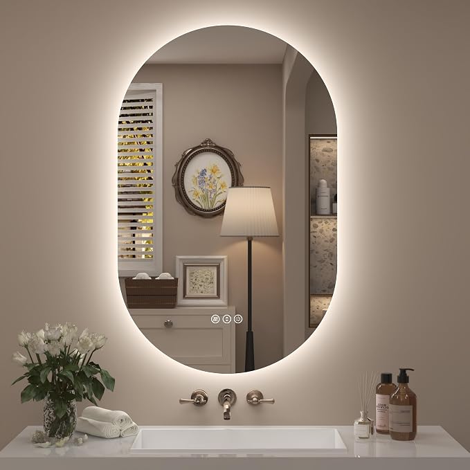 24x36 Inch Oval Backlit LED Bathroom Vanity Mirror | Oval Lighted Bathroom Mirror, Dimmable, Pill-Shaped, Shatter-Proof, 3 Colors, Defogging, Memory (Horizontal/Vertical)