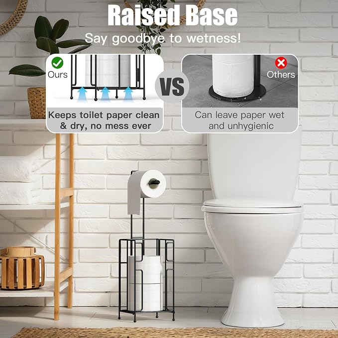 Toilet Paper Holder Stand with Storage, Free Standing Paper Roll Dispenser for 4 Mega Rolls, Space-Saving Bathroom Organizer, Easy Assembly & Stable