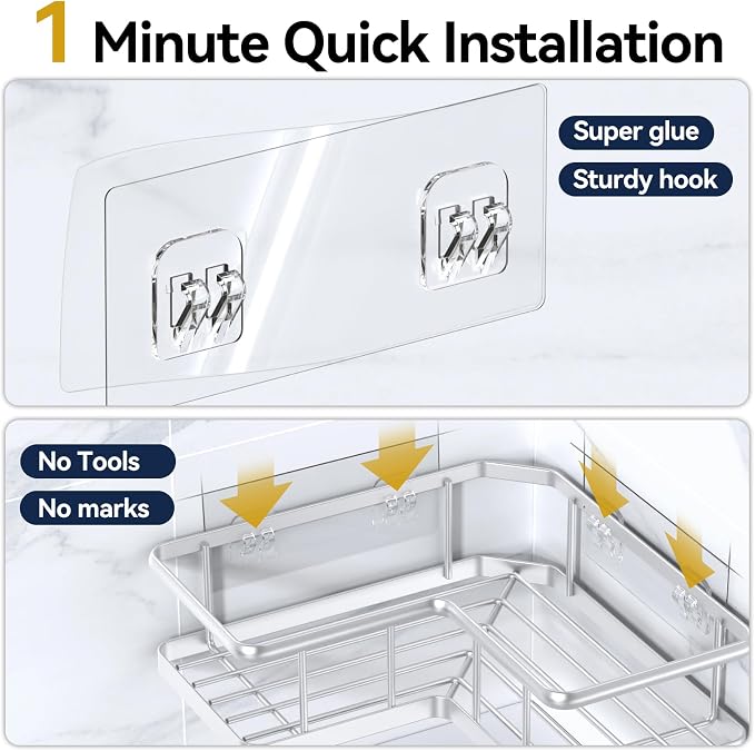 Corner Shower Caddy Adhesive, 100% Rustproof Shower Organizer, No Drill Shower Shelf for Inside Shower, Wall-Mounted Shower Storage for Homes (2 Pack, Silver)