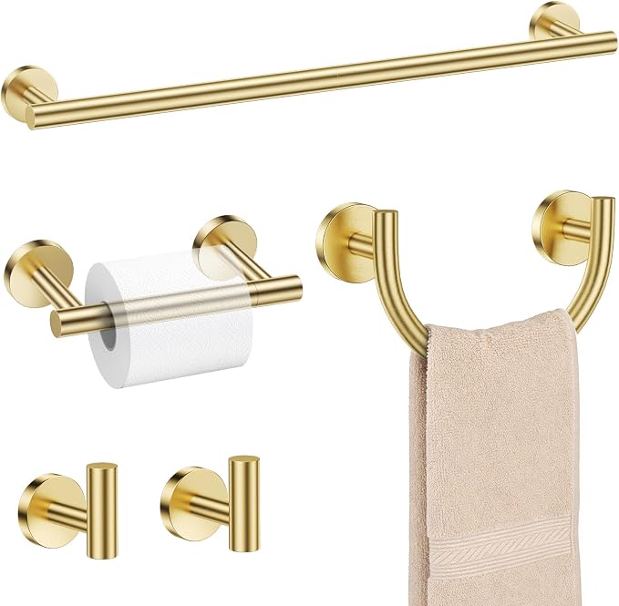 TURS 5-Pieces Brushed Gold Bathroom Hardware Accessories Set 23.6inch SUS304 Stainless Steel Towel Bar Set Double Post Pivoting Toilet Paper Holder Set Wall Mounted