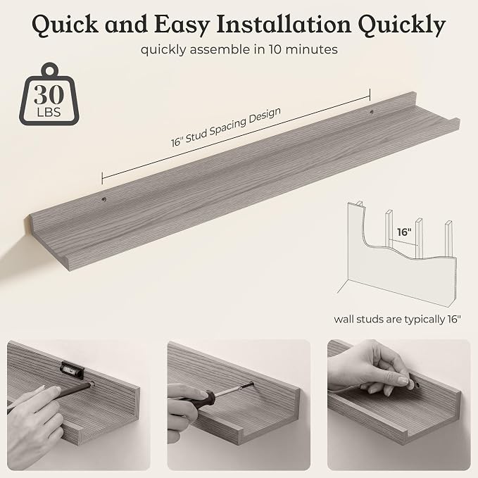 Oak Picture Ledge Shelves for Wall, 4.5" Deep Wood Floating Shelves with Lip for Bedroom, Living Room, 30" Width, Color Oak Set of 2