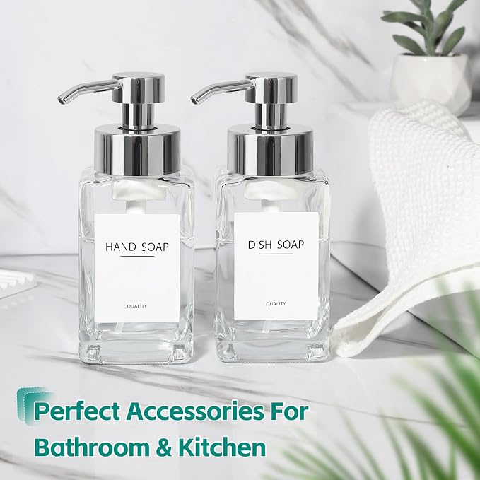 Foaming Soap Dispenser, 12oz/350ml Glass Hand Soap Dispenser Set, Refillable Foam Dispenser with Foaming Pump, Labels, Square Hand Dispenser for Bathroom, Kitchen 2 Pack
