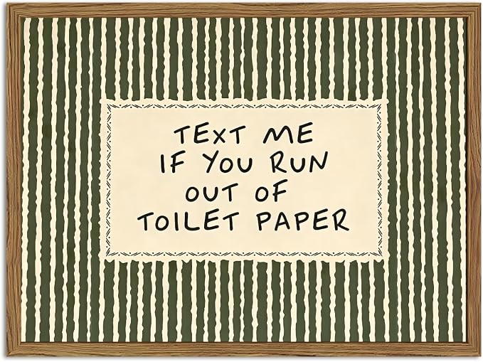 Funny Bathroom Wall Art Text Me If You Run Out of Toilet Paper Sign Wall Decor Picture Vintage Quirky Quote Striped Restroom Poster Canvas Painting Prints 12x16 inch Wood Framed