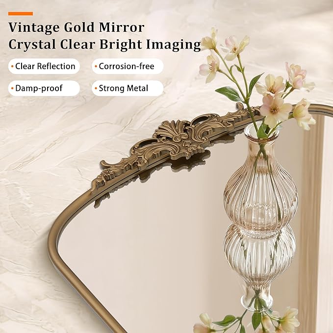 Besdomus Vintage Large Wall Mirror: 24"x42" French Brass Gold Vanity Mirror | Antique Metal Framed Decorative - Baroque Traditional Ornate for Hallway/Bathroom/Fireplace - Ideal for Bathroom Renovations