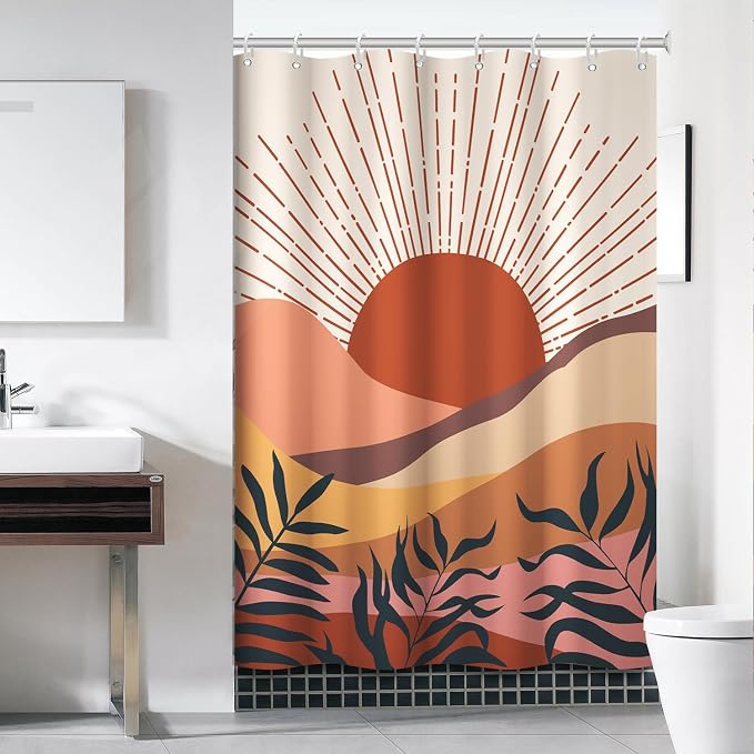 Boho Terracotta Shower Curtain for Bathroom 54x72 Inch | Waterproof Abstract Sunrise and Mountain Shower Curtain Set with Hooks, Mid Century Bathroom Decor