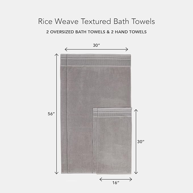 Texere 100% Organic Cotton Rice Weave Jacquard 700 GSM Luxury Bath Towel Sets - Ultra Soft and Absorbent Hotel and Spa Quality (Rice Weave, Cathedral Gray, 2 Bath & 2 Hand Towels)