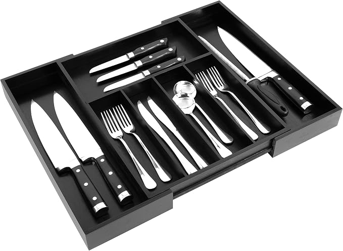 VaeFae Bamboo Drawer Organizer, Large, Black | Cutlery Drawer Holder, Drawer Divider for Silverware, Flatware，43 cm D x 32-55 cm W, 5-7 Slots, Black