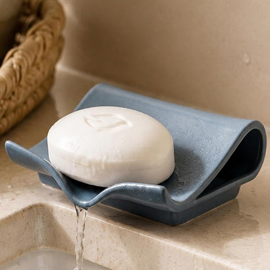 Zoeeker Self-Draining Soap Dish, Ceramic Soap Holder with Drain Spout | Bar Soap Saver Waterfall Design Drying Tray for Shower Bathroom Kitchen Bathtub, Sink Organizer Tray, Extends Soap Life, Blue