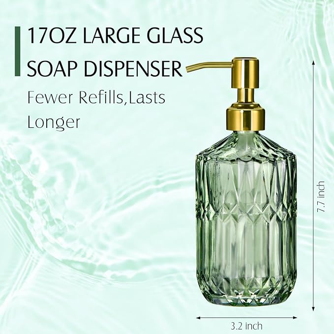 COHOSEGE 17 Oz Green Glass Kitchen Soap Dispenser for Dish Soap, 2 Pack Bathroom Soap Dispenser Set with Gold Rust Proof Pump for Lotion, Hand soap or Body Wash