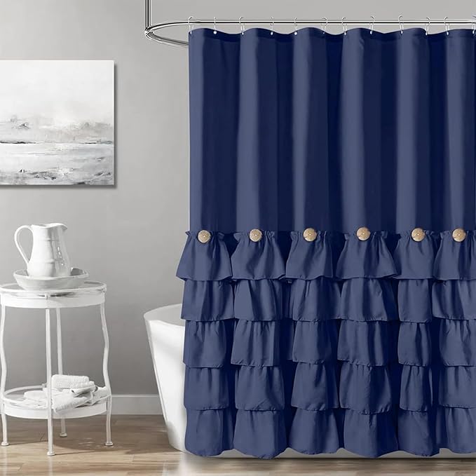 Seasonwood Navy Blue Ruffle Shower Curtain Farmhouse Shower Curtain 72 X 78 | Natural button accents, layered fabric tiers, shabby chic and French country styling for decorative bathroom updates