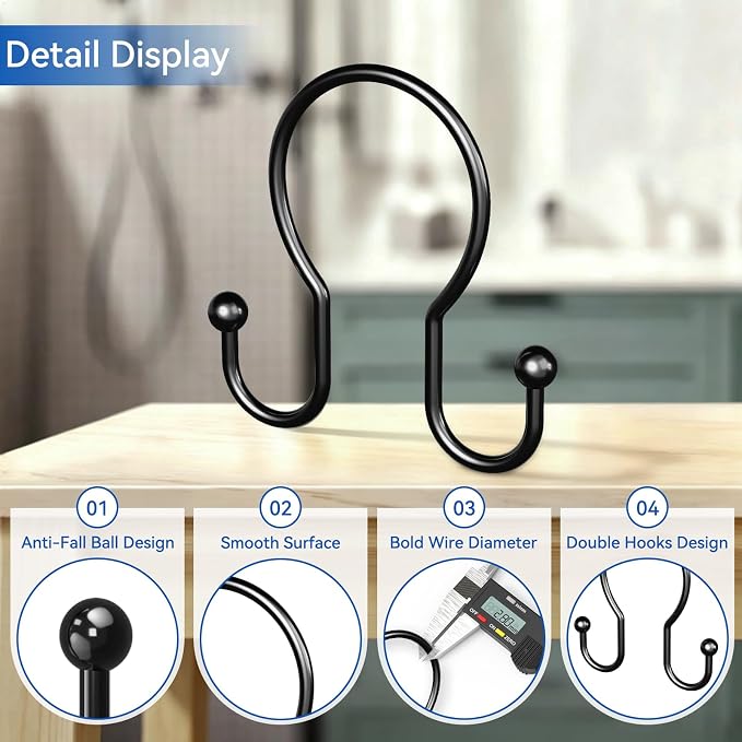 OEH Shower Curtain Hooks, 12 Pcs Minimalist Shower Curtain Rings, Metal Shower Curtain Hangers, Double Hook Black Shower Curtain Hooks Rust Proof, Glide Smoothly Shower Hooks for Shower Curtain, Black