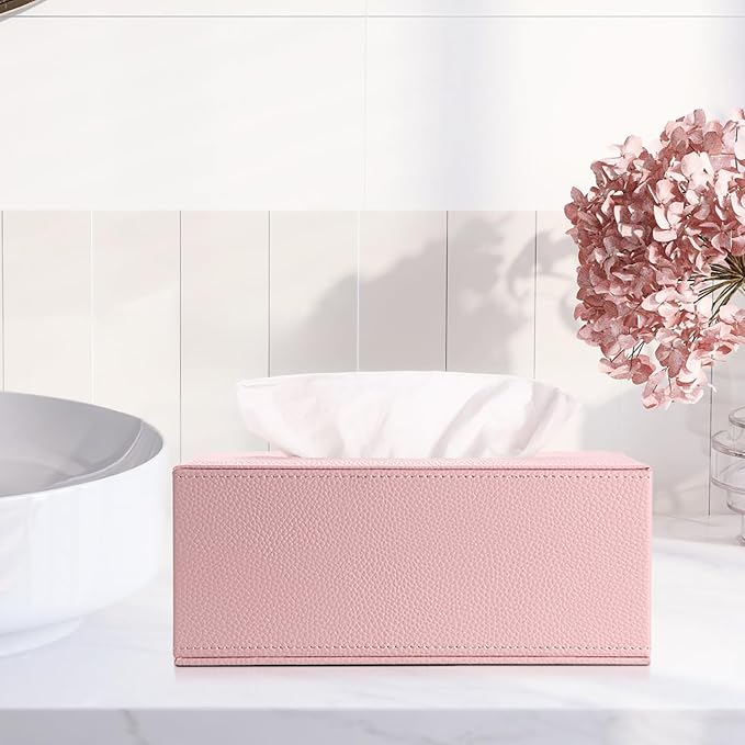 Sumnacon Tissue Box Cover Rectangle,Magnetic Bottom Tissue Box Holder,Pink | Decorative PU Tissue Box Cover Rectangular,Lychee Pattern Tissue Cover for Bathroom Toilet Bedroom Living Room Table Office
