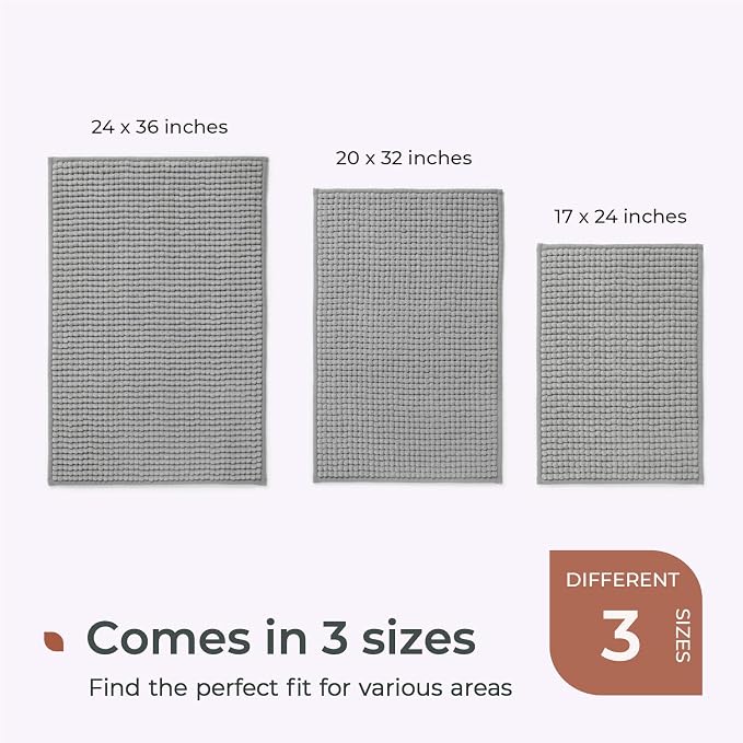 FRESHMINT Thick Chunky Chenille Bathroom Rug, Dove Gray, 24"x36" | Non-Slip Backing, Water Absorbent Surface, Machine Washable Care, Cushioned Comfort, Bathroom Floor Use
