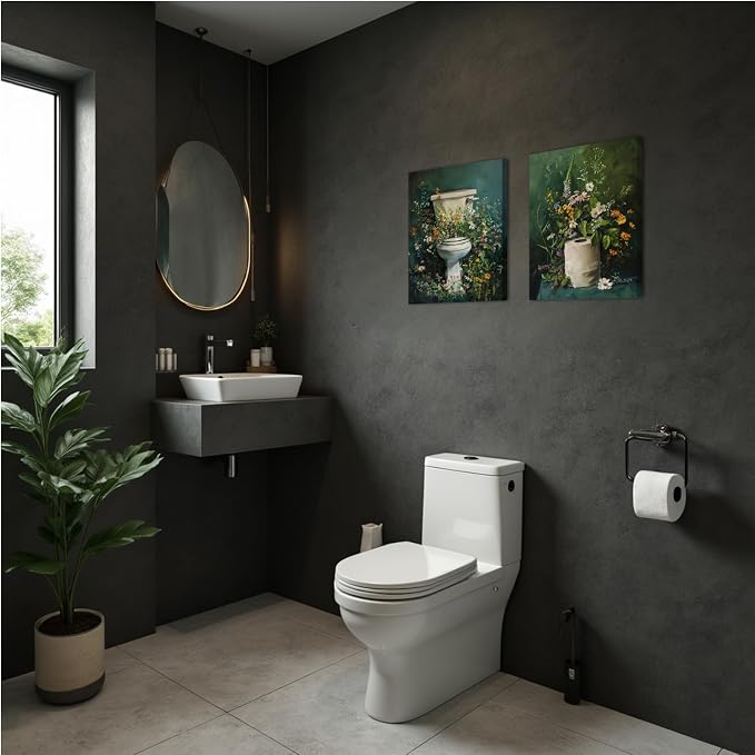 Framed Vintage Floral Bathroom Wall Art Set of 3, Dark Green Moody Flower Canvas Prints, Rustic Cottagecore Wildflower Paintings for Toilet Restroom Home Decor 12x16 inch