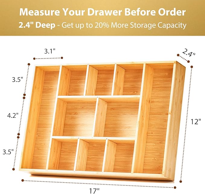 Extra Large Bamboo Desk Drawer Organizer, Wood Junk Organizer Tray with Adjustable Dividers, Anti-Skip Storage Organization in Office Bathroom Drawer for Vanity, Makeup, 17" x 12"