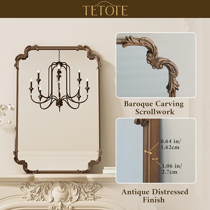 Baroque Gold Antique Brass Scroll Wall Mirror 48 x 30 Vintage Rectangle Framed Baroque French Rectangular Mirror for Mantle Fireplace Bathroom Living Room, Horizontal/Vertical