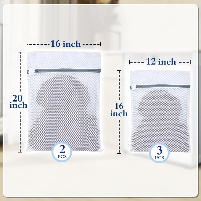 Heavy-Duty Honeycomb Mesh Laundry Bags, 5-Pack (3×12x16" + 2×16x20"), Delicates Protector for Lingerie & Baby Clothes