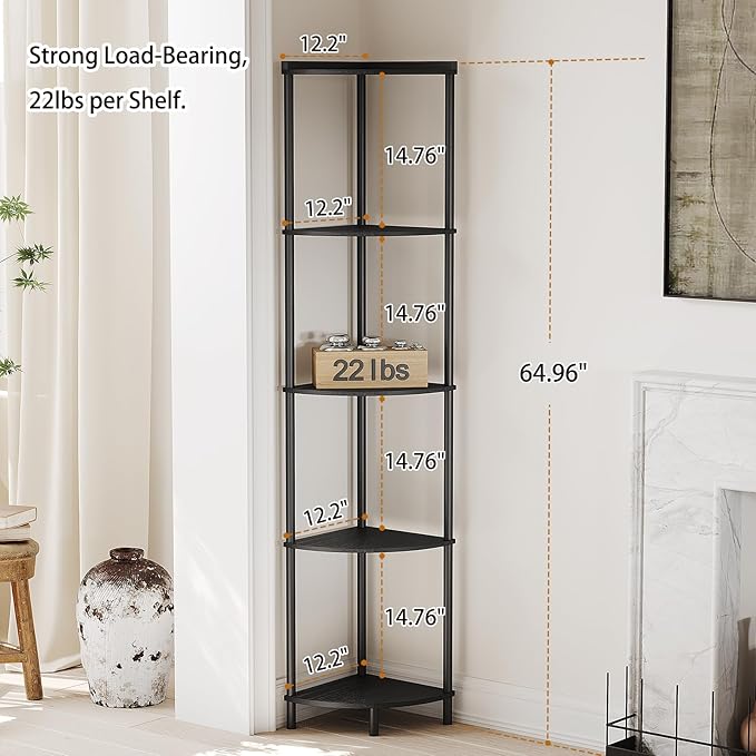 SUNMORY 5 Tier Corner Shelf, 65" Tall Corner Shelves for Living Room Decor | Wall Corner Bookshelf, Industrial Display Shelf, Multi Unit Organizer, Narrow Plant Stand for Bedroom Bathroom Small Space
