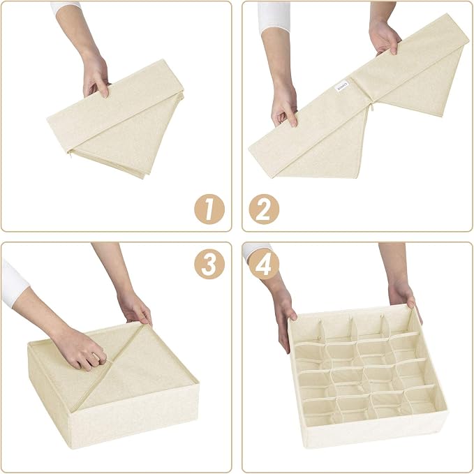 3 Pack Sock Underwear Drawer Organizer Dividers, 64 Cell Fabric Foldable Cabinet Dresser Closet Organizers and Storage Boxes for Organizing Socks, Underwear, Ties (16+24+24 Cell, Beige)