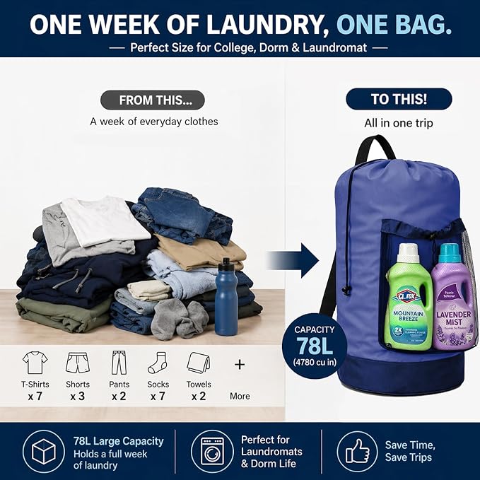 Backpack Laundry Bag, Durable polyster Laundry Backpack Bag with Shoulder Straps, Drawstring Closure & Mesh Pocket, Large Clothes Hamper for Dorm, Travel, Laundromat (Blue)