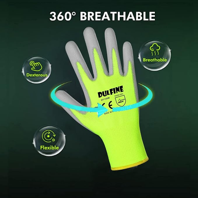 DULFINE Safety Work Gloves for Men & Women, PU Coated Seamless Knit Grip | Smooth Grip on Palm & Fingers, Ideal for Light General Duty Work, Gardening, Landscaping, Construction, Mechanic, Warehouse
