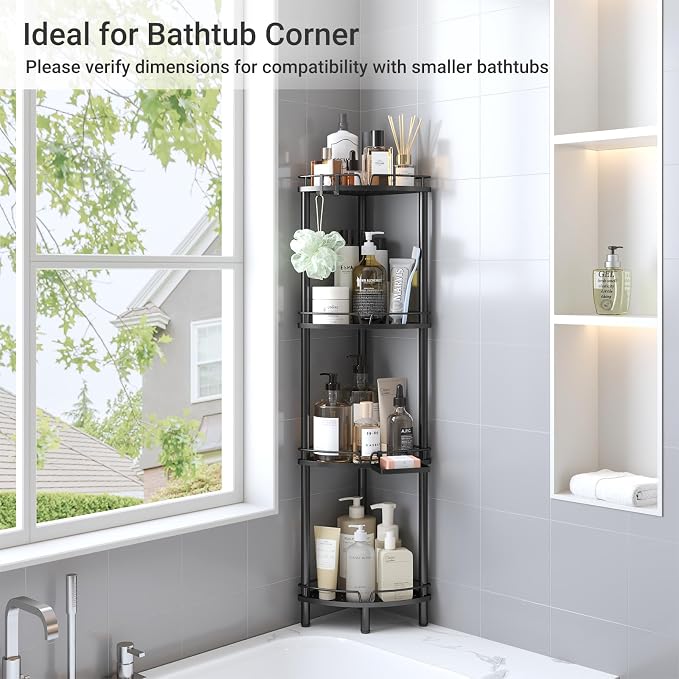 ELYKEN Corner Shower Caddy Standing, 4 Tier Metal Shower Organizer, Black | Stainless Steel Shower Shelves with Soap Holder, Adjustable Feet & 2 Hooks for Storing Bath Essentials in Bathroom corner