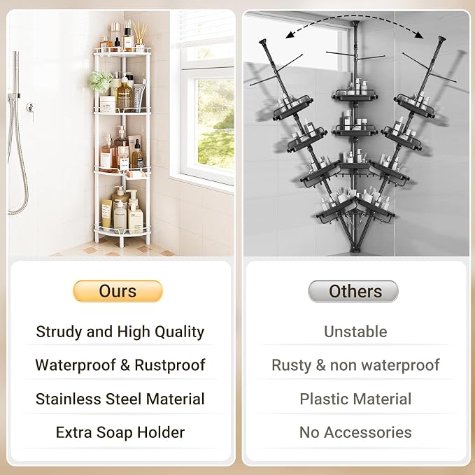 ELYKEN Corner Shower Caddy Standing, 4 Tier Metal Shower Organizer, White | Stainless Steel Shower Shelves with Soap Holder, Adjustable Feet & 2 Hooks for Storing Bath Essentials in Bathroom corner
