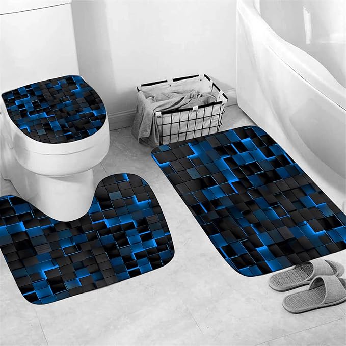 LQCOOL 4Pcs Shower Curtain Set with Rugs, Modern Bathroom Set Black Blue | Waterproof Polyester & Soft Flannel.12 Hooks,Toilet Lid Cover & U-Shaped Mat for Modern Bathrooms/Families