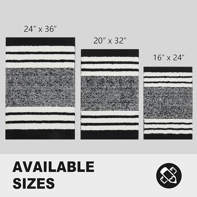 CozeCube Jet Black Striped 32"x20" Non Slip Washable Bath Mat | For Bathroom, Fluffy Absorbent Microfiber Bath Mats Machine Wash, Stylish Cute Aesthetic Bathroom Rugs