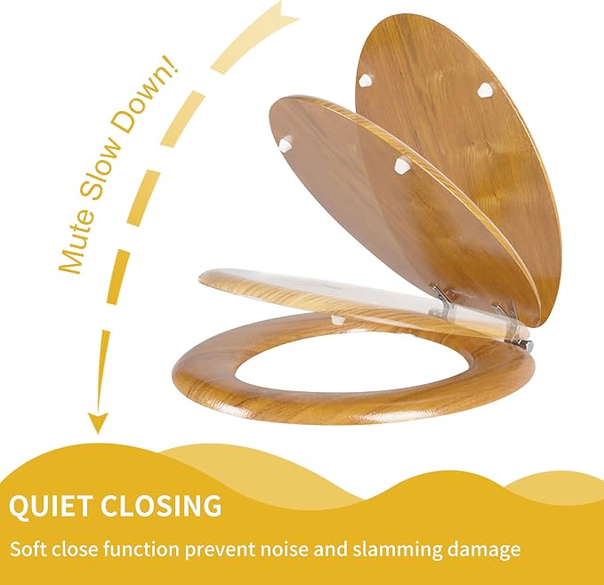 Angel Shield Elongated Wooden Toilet Seat Quiet Close(Oak) | Quick Release Metal Hinges, Adjustable Fit for Standard Elongated Toilets, Easy to Install&Clean