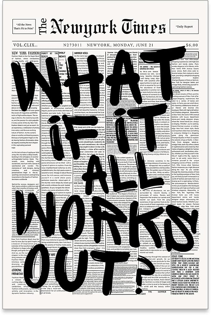 Haitunone What If It All Works Out Wall Art Black And White Minimalist Newspaper Poster Positive Affirmations Quote Canvas Prints for Living Room Bedroom Wall Decor 16X24 inch Unframed