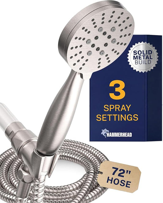 HammerHead Showers® Solid Metal 3-Spray Handheld Shower Head with Long Hose and Holder - BRUSHED NICKEL - 2.5 GPM High Pressure Shower Head with Handheld Sprayer - WIDE, MASSAGE, and MIST Sprays