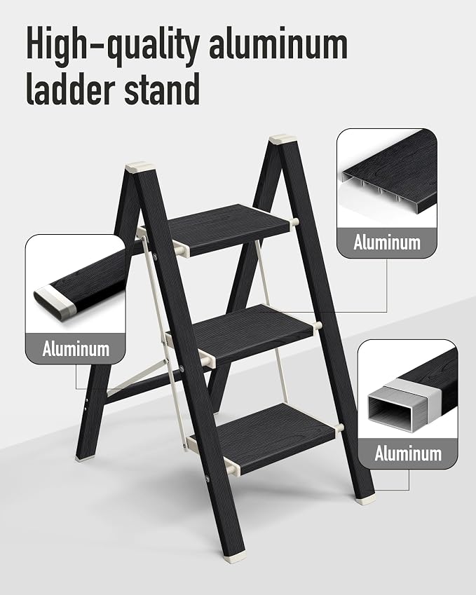 Mayi Plus 3 Step Stool Foldable, Aluminum, Lightweight Step Ladder | Extra-wide anti-slip folding steps with 330 lbs, for home,kitchen,office,outdoor,Ebony woodgrain