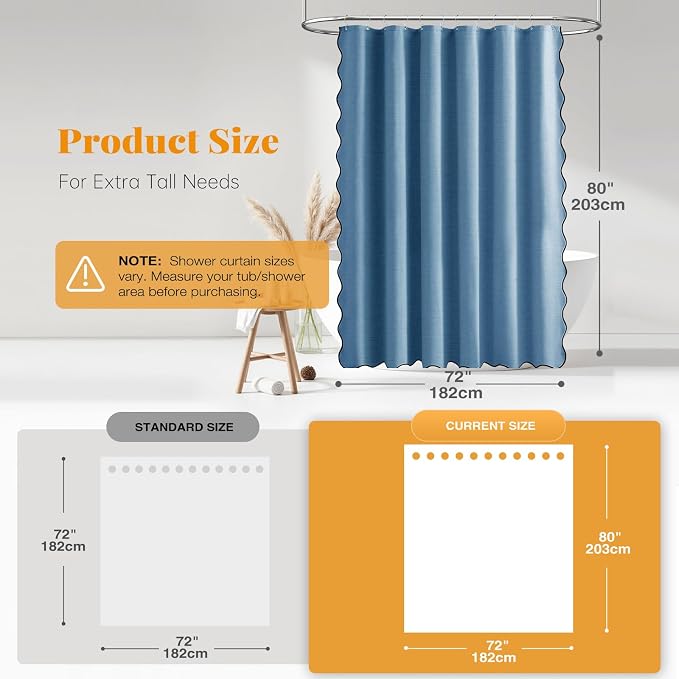 72x80 Boho Scalloped Linen Textured Shower Curtain Set, MoonlightBlue | Long Size, 230GSM Waterproof Polyester, Heavy Duty Fabric, 12 Plastic Hooks, Elegant Modern Farmhouse Style, Machine Washable
