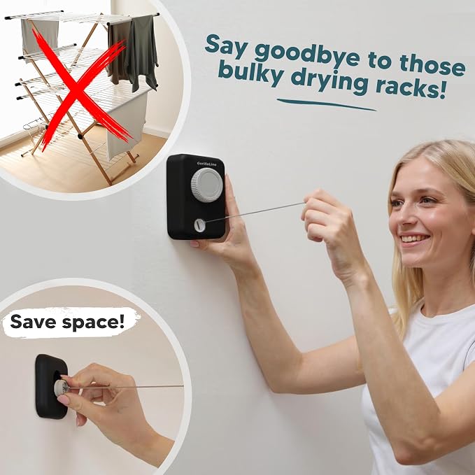 Max – Retractable Clothesline Indoor Outdoor, Non-Sagging Heavy Duty Clothes Drying Line, Wall Mounted Drying Rack, Air Dry Clothing, Max Tighten with GorillaGrip