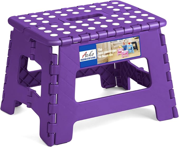 ACKO 9 Inch Folding Step Stool, Non-Slip Foldable Stools for Kids, Purple | Heavy Duty Collapsible Foot Stool, Lightweight, Holds 300lb for Toddler/Adults Kitchen Bathroom Bedroom Outdoor, with Handle