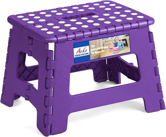 ACKO 9 Inch Folding Step Stool, Non-Slip Foldable Stools for Kids, Purple | Heavy Duty Collapsible Foot Stool, Lightweight, Holds 300lb for Toddler/Adults Kitchen Bathroom Bedroom Outdoor, with Handle