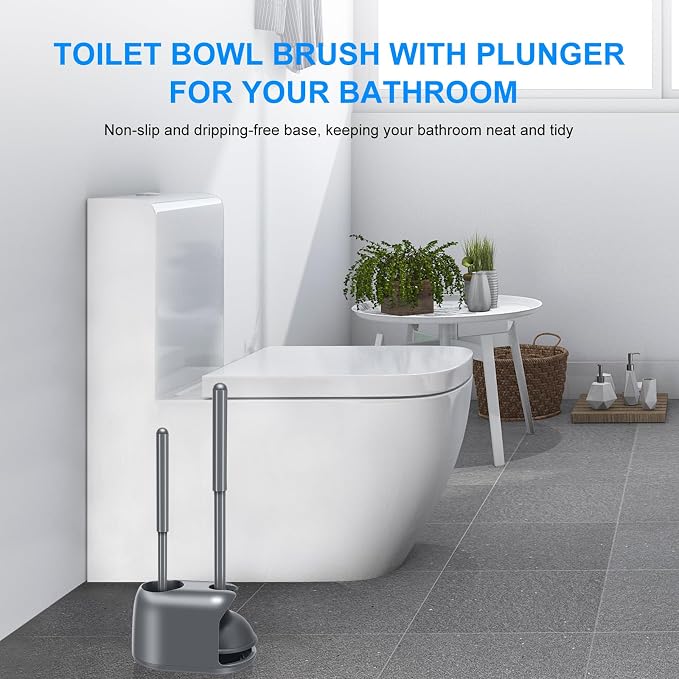SetSail 2 Packs Toilet Brush and Plunger Set for Bathroom Cleaning, Gray | Semi-Hidden Toilet Plungers Heavy Duty Toilet Bowl Brush and Holder for Bathroom Toilet Plunger and Brush Set with holder