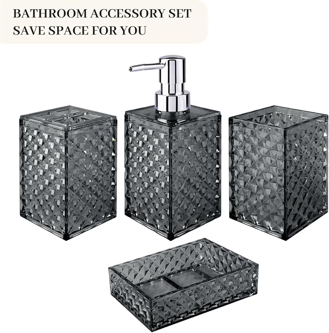 Bathroom Accessory Set, Grid Pattern 4 Pcs Plastic Bathroom Set, Grey | Include Soap Dispenser, Soap Dish, Toothbrush Holder, Mouthwash Cup, Modern Bathroom Decor Set