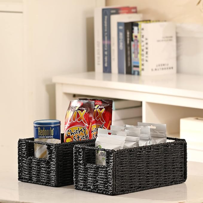 Wicker Storage Basket, Set of 2 Hand-Woven Paper Rope Wicker Basket, Small Storage Baskets for Organizing Toilet Paper Basket, Foldable Large Cube Storage Organizer Bins for Shelves (Black)
