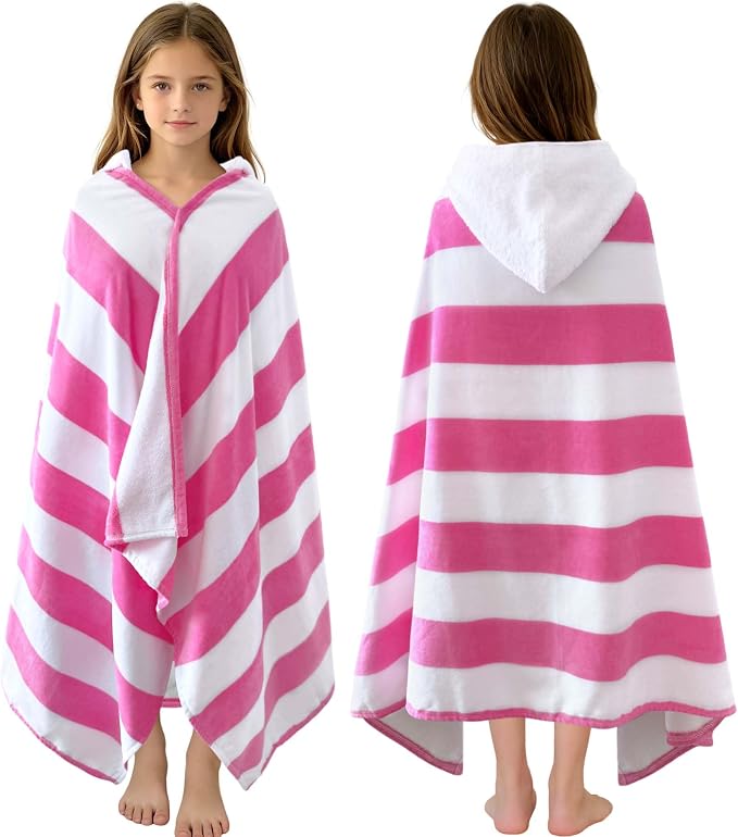 VOOVA & MOVAS Big Kids Hooded Towel, 8+, 100% Cotton, Hot Pink White Stripe | Bright Stripe Pattern, Soft, Absorbent & Fast Drying, Perfect for Beach and Pool Parties